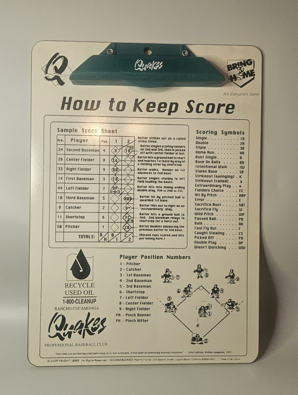 Vintage 1995 Rancho Cucamonga Quakes Baseball “How to Keep Score” Clipboard